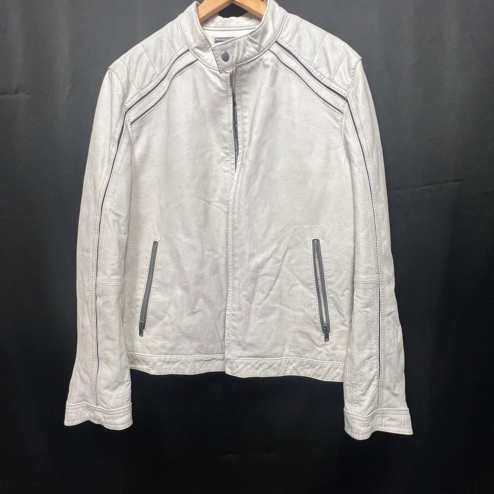 Wilsons Leather Mens White Cafe Racer Moto Jacket Quilted Padded Shoulder Large